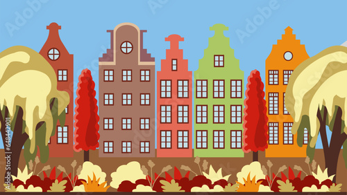 Autumn street with old European house, landscape with Dutch houses, illustration in flat style.
