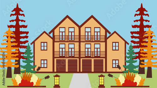 Cozy cottage with an autumn garden with larches and fir trees and lanterns, illustration in a flat style.