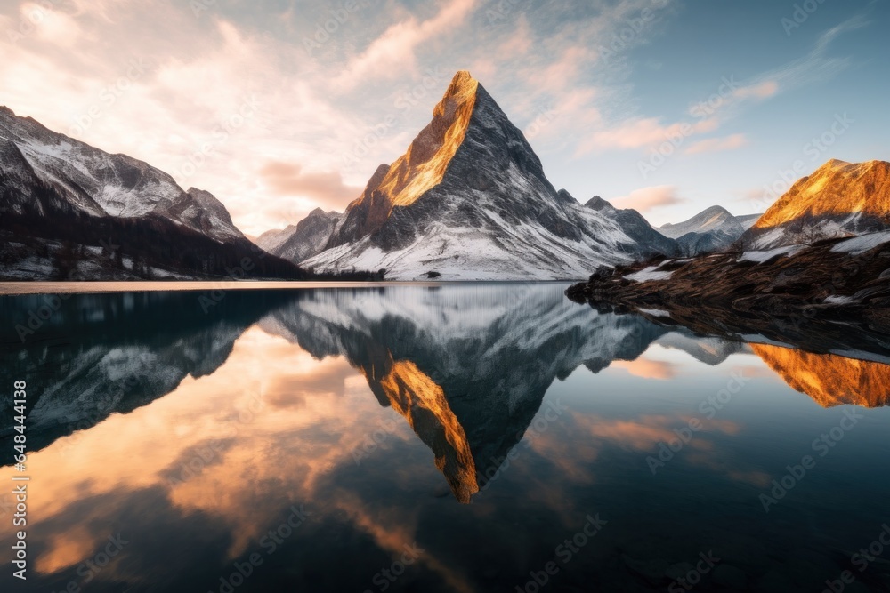 sunset at a calm mountain lake with reflection in the water