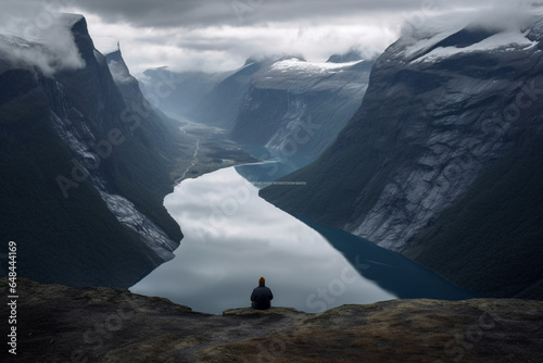 rear view of Man sits at the end of trolltunga before the mountains photo