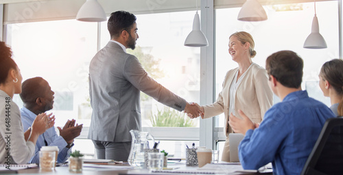 Картината върху платно Handshake, applause and team of business people meeting for partnership, deal or agreement in office