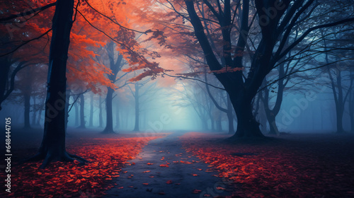 Beautiful mystical forest in blue fog in autumn