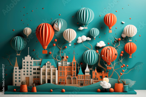 Cardboard layout of city houses and balloons in the sky