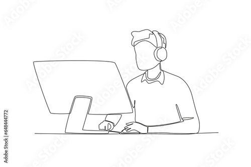 One continuous line drawing group of male customer service checking customer data
