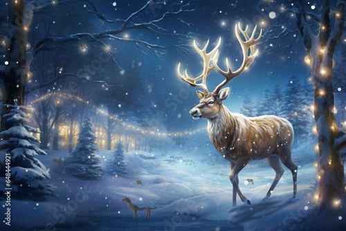 A festive reindeer adorned with shimmering lights in a snowy setting. Generative AI