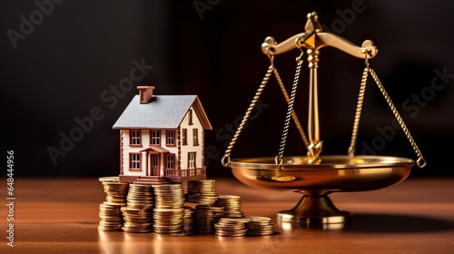 Concept of house costs, property valuation, miniature house with scales and coins, real estate legal concept
