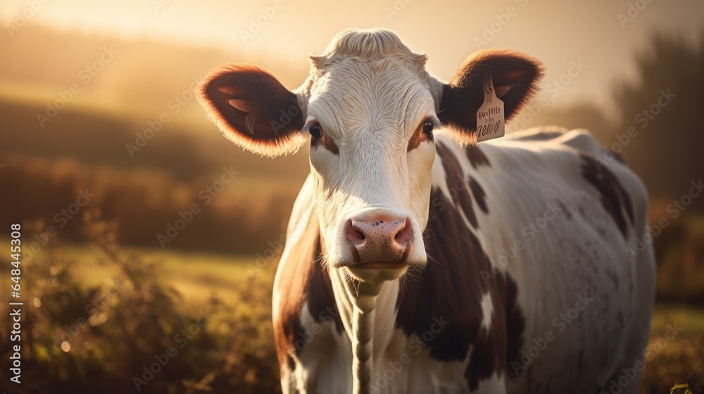 A cow is looking at the camera cow on the background of sky and green grass. A cow is looking at the camera cow on the background of sky and green grass.