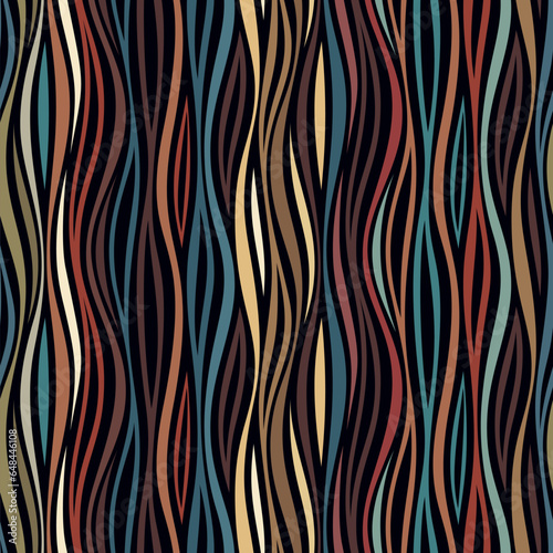 Seamless repeating pattern with wavy multicolored stripes on a black background. Geometric striped linear waves. Modern stylish texture. Vector illustration.