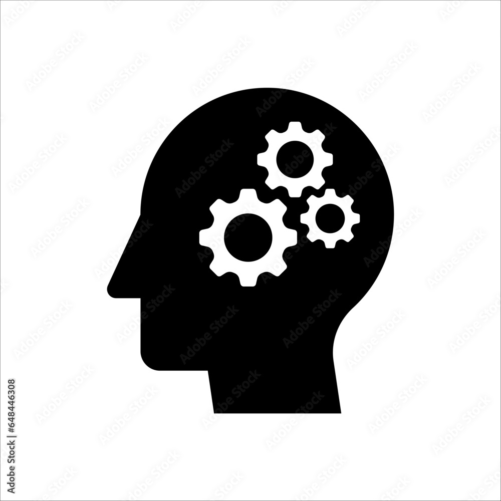 Human head with cogwheels inside linear icon. Artificial intelligence. Technology progress. Thin line illustration on white background Human head with cogwheels inside linear icon. Artificial intelligence. Technology progress. Thin line illustration on white background