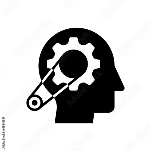 Human head with cogwheels inside linear icon. Artificial intelligence. Technology progress. Thin line illustration on white background