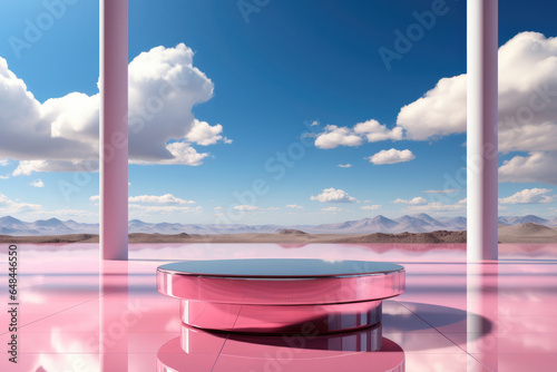 Pink glossy round podium with a landscape background and a blue sky with clouds for the demonstration of goods or cosmetics