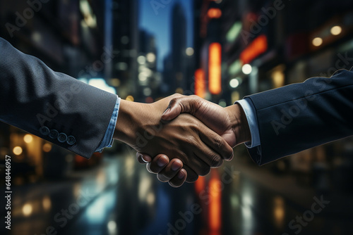A close-up of a handshake, businessman making handshake with partner in the city for dealing, merger and acquisition concepts. AI Generative