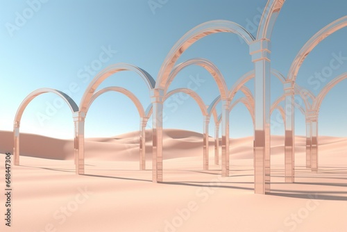 Vast desert view with reflective arches against a clear sky. Simplistic 3D render backdrop. Generative AI