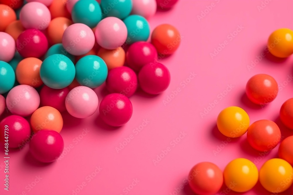 colorful gumballs on pink surface. Generative AI