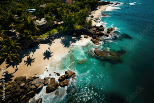 Top down seashore with palm trees, beach with rocks