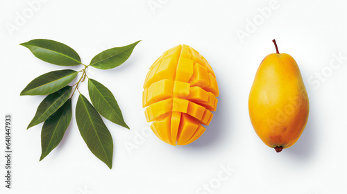 Frische Mango  mit einzelnen Blättern isoliert auf weißem Hintergrund, with generative KI