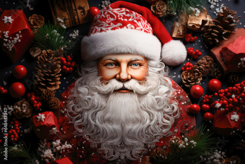 Holiday card for Christmas and New Year. Portrait of Santa Claus