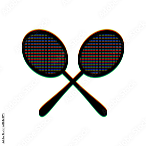Two tennis racket sign. Black Icon with vertical effect of color edge aberration at white background. Illustration.