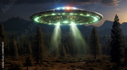 Platillo volante de noche con luz verde. Fenómeno OVNI. Encuentros extraterrestres. Nave espacial