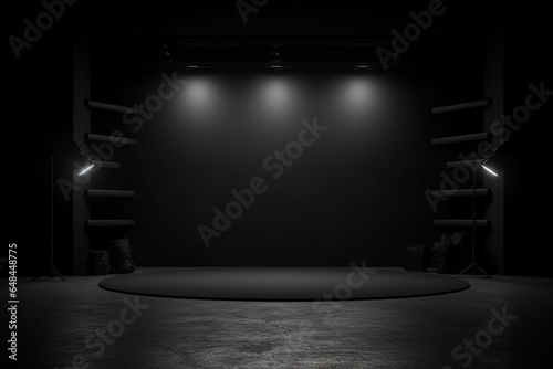 Product showcase with spotlight  Black studio room background  Use as montage for product display