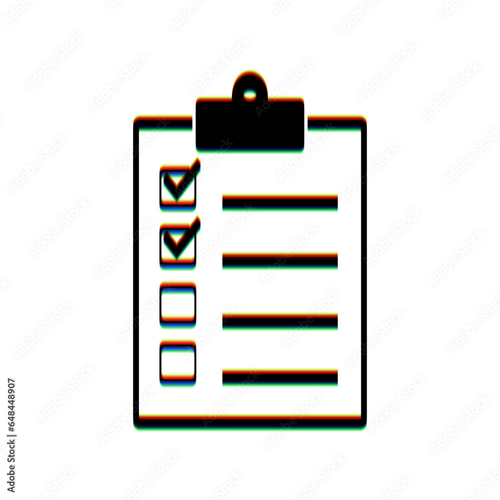 Checklist sign illustration. Black Icon with vertical effect of color edge aberration at white background. Illustration. Checklist sign illustration. Black Icon with vertical effect of color edge aberration at white background. Illustration.