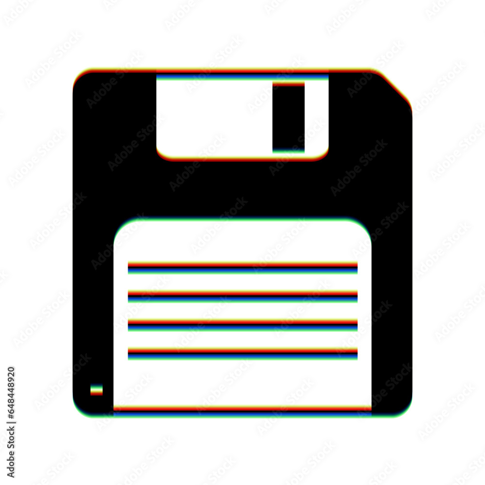 Floppy disk sign. Black Icon with vertical effect of color edge aberration at white background. Illustration. Floppy disk sign. Black Icon with vertical effect of color edge aberration at white background. Illustration.