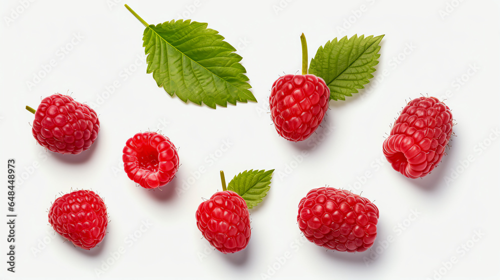 Einzelne Himbeere und Blätter isoliert with generative KI Einzelne Himbeere und Blätter isoliert with generative KI