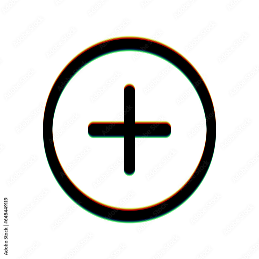 Positive symbol plus sign. Black Icon with vertical effect of color edge aberration at white background. Illustration. Positive symbol plus sign. Black Icon with vertical effect of color edge aberration at white background. Illustration.