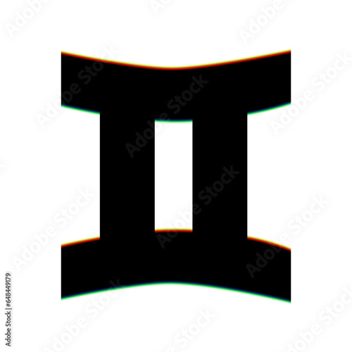 Gemini sign. Black Icon with vertical effect of color edge aberration at white background. Illustration.