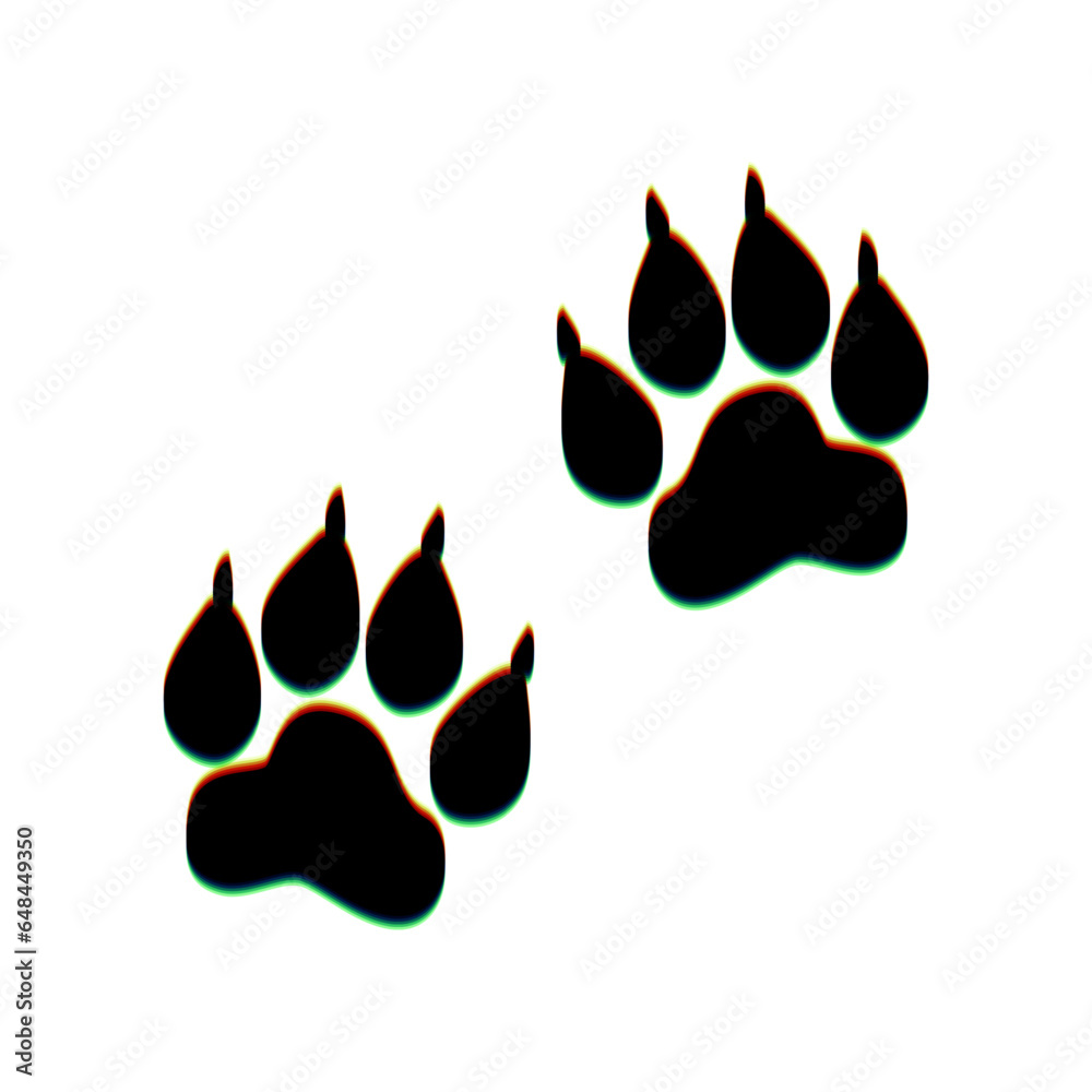 Animal Tracks sign. Black Icon with vertical effect of color edge aberration at white background. Illustration.