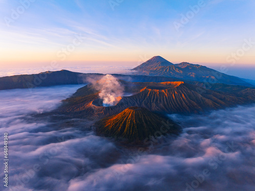 Aerial view of Amazing Mount Bromo volcano during sunrise from king kong viewpoint on Mountain Penanjakan in Bromo Tengger Semeru National Park,East Java,Indonesia.Nature landscape background