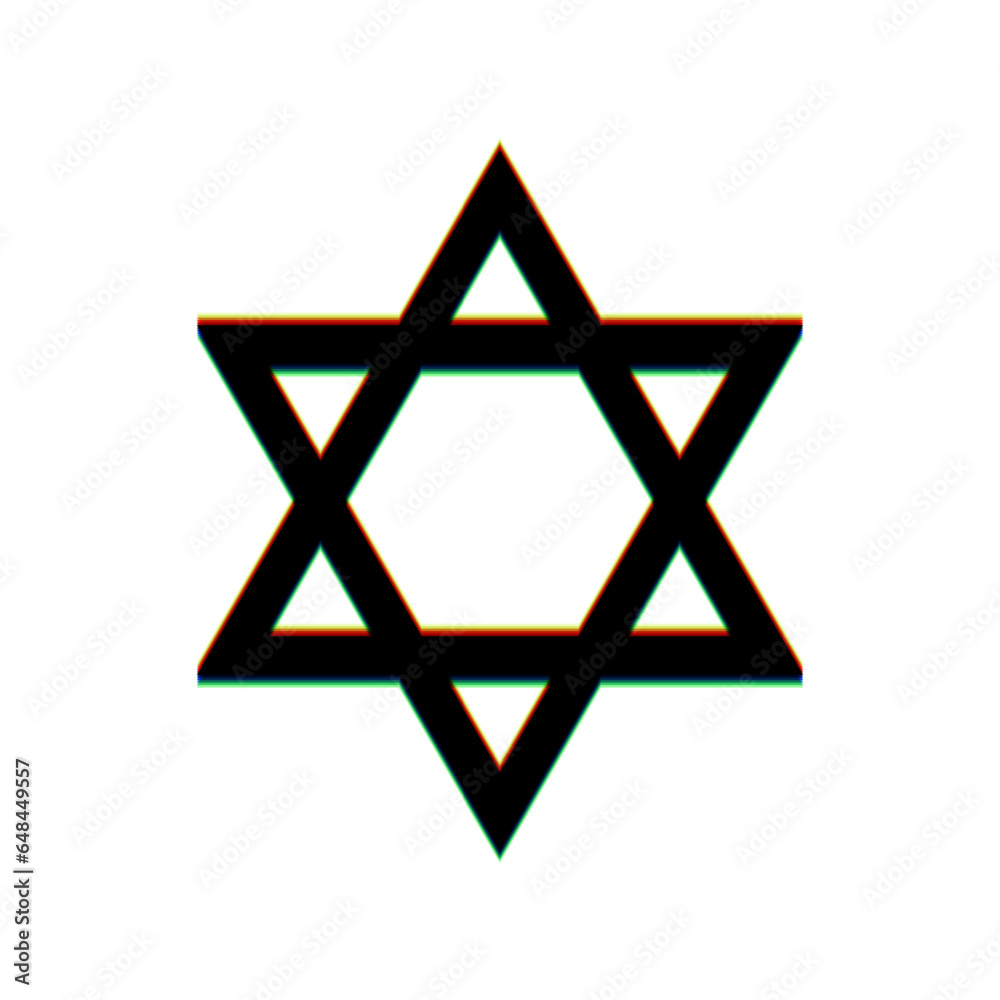 Shield Magen David Star. Symbol of Israel. Black Icon with vertical effect of color edge aberration at white background. Illustration. Shield Magen David Star. Symbol of Israel. Black Icon with vertical effect of color edge aberration at white background. Illustration.
