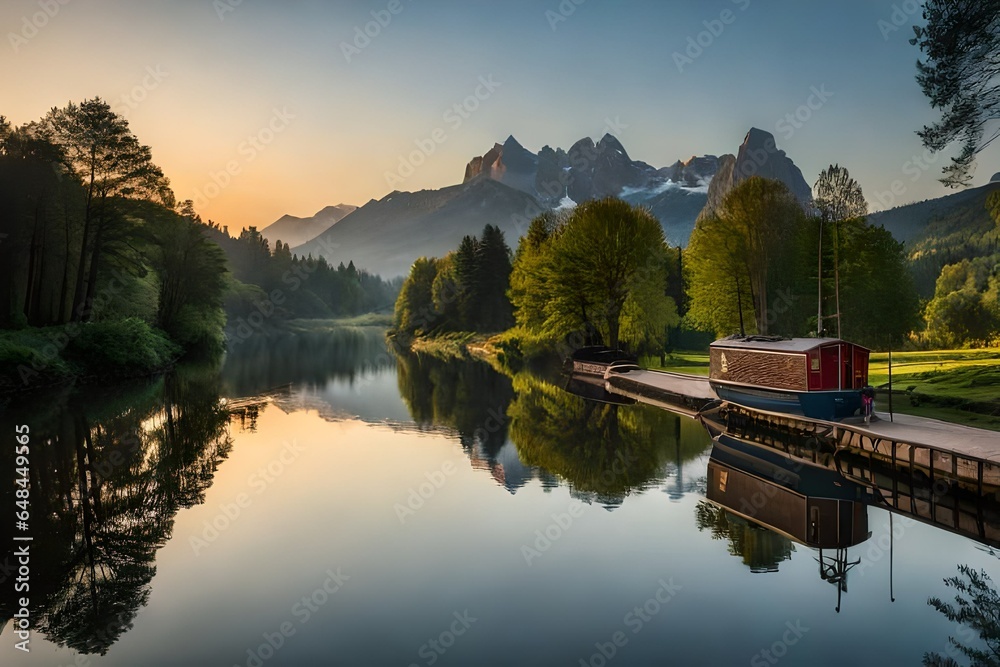 Obraz premium A peaceful riverside scene at dawn.