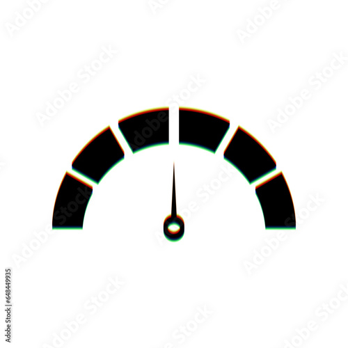 Speedometer sign illustration. Black Icon with vertical effect of color edge aberration at white background. Illustration.