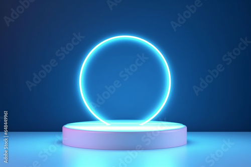 Product podium with neon circle on blue studio background, mock-up for your design