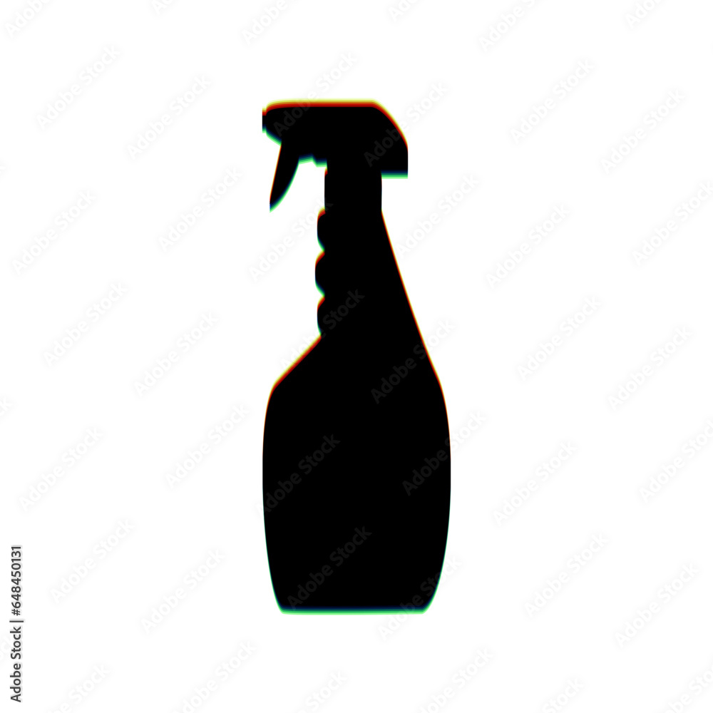 Plastic bottle for cleaning. Black Icon with vertical effect of color edge aberration at white background. Illustration. Plastic bottle for cleaning. Black Icon with vertical effect of color edge aberration at white background. Illustration.
