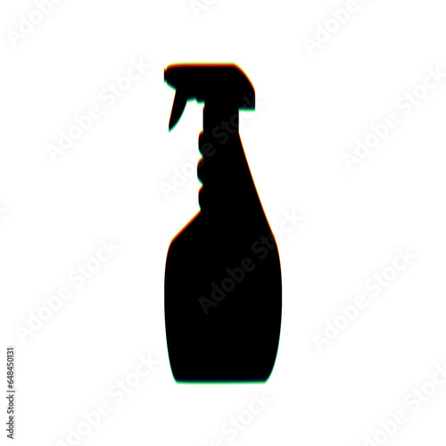Plastic bottle for cleaning. Black Icon with vertical effect of color edge aberration at white background. Illustration.