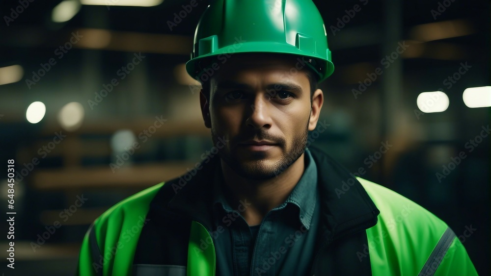 Obraz premium A portrait of a cheerful man supervisor at a warehouse for the delivery and transportation of industrial goods, wearing a green helmet and a green vest, standing in the aisle.