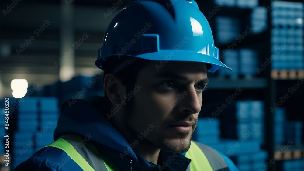 A portrait of a cheerful man supervisor at a warehouse for the delivery and transportation of industrial goods, wearing a blue helmet and a blue vest, standing in the aisle.
A portrait of a cheerful man supervisor at a warehouse for the delivery and transportation of industrial goods, wearing a blue helmet and a blue vest, standing in the aisle.