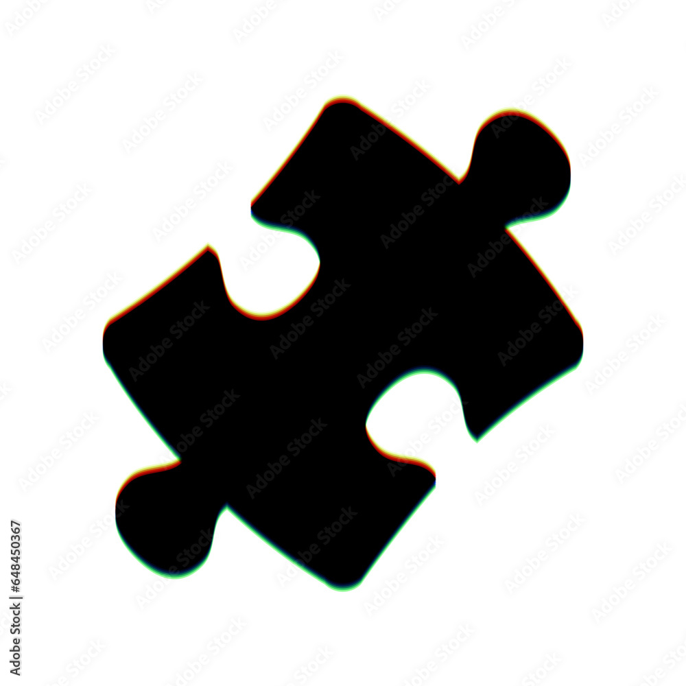 Puzzle piece sign. Black Icon with vertical effect of color edge aberration at white background. Illustration. Puzzle piece sign. Black Icon with vertical effect of color edge aberration at white background. Illustration.