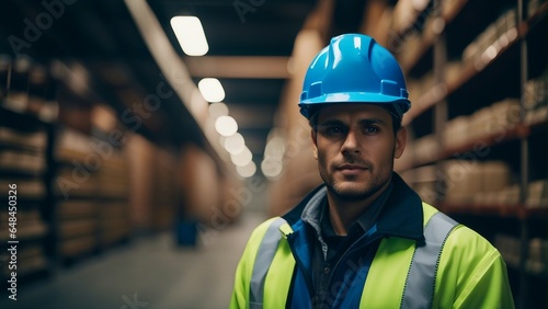 A portrait of a cheerful man supervisor at a warehouse for the delivery and transportation of industrial goods, wearing a blue helmet and a blue vest, standing in the aisle.
