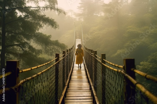 Woman with raincoat walikng on suspension bridge