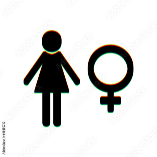 Female sign illustration. Black Icon with vertical effect of color edge aberration at white background. Illustration.