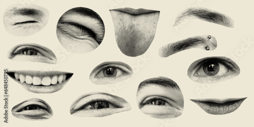 Halftone effect. Punk collage made from elements. Eyes, lips, tongue, eyebrow, halftone piercing.Vector illustration. Retro style, vintage, magazine clippings
