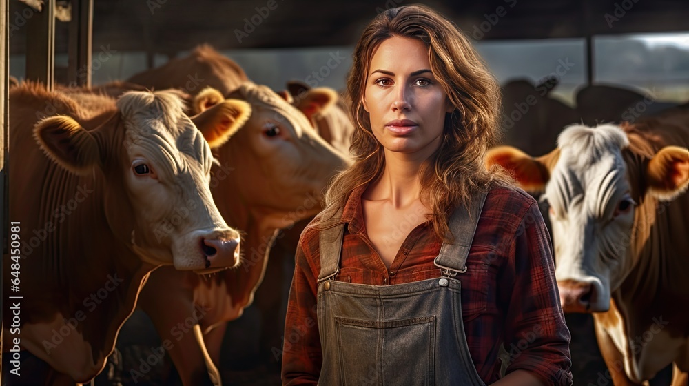 Happy female farmer standing with cows at the cattle farm.Female farmer raising cows