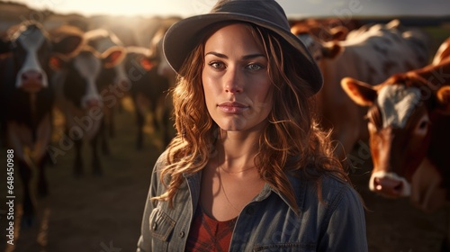 Happy female farmer standing with cows at the cattle farm.Female farmer raising cows