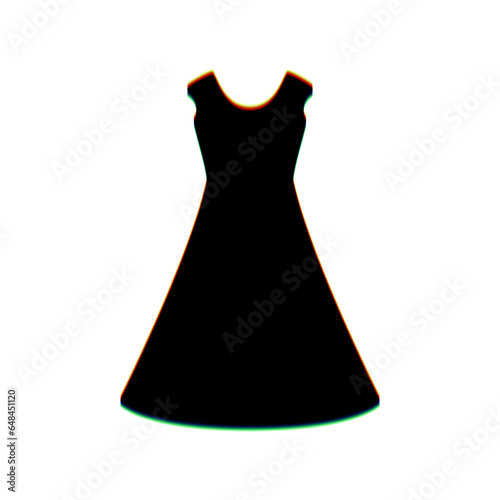 Beautiful long dress sign. Black Icon with vertical effect of color edge aberration at white background. Illustration.