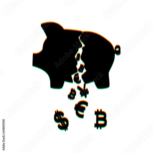Pig money bank sign. Black Icon with vertical effect of color edge aberration at white background. Illustration.
