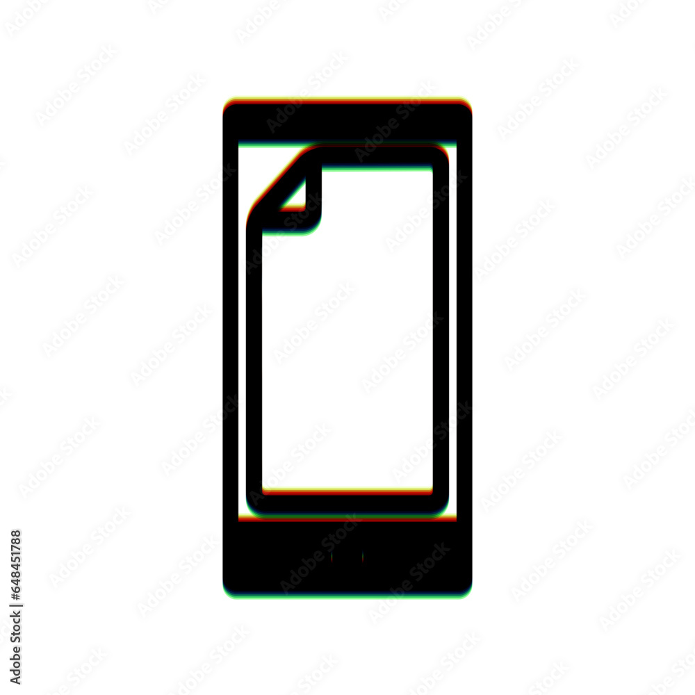Protective sticker on the screen. Black Icon with vertical effect of color edge aberration at white background. Illustration. Protective sticker on the screen. Black Icon with vertical effect of color edge aberration at white background. Illustration.