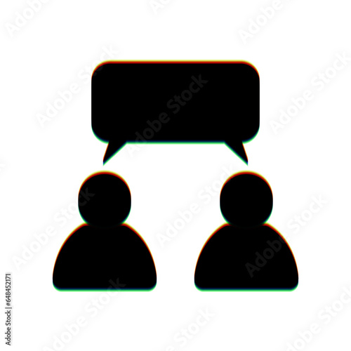 Two people with single balloon. Like-mindedness sign. Black Icon with vertical effect of color edge aberration at white background. Illustration.
